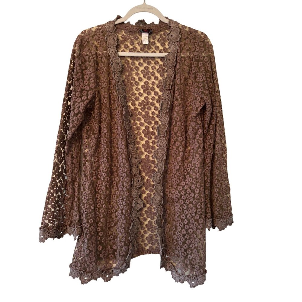 Lady Noiz  Floral Lace Chochet Open Front Cardigan Vintage In Brown